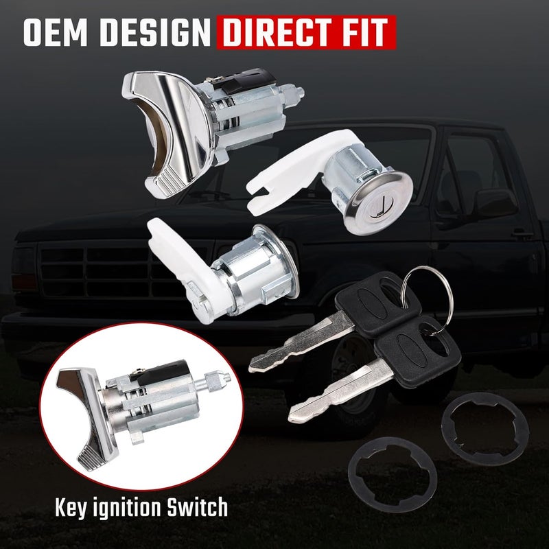 ISINFLASH F3UZ1522050D Chrome Ignition Switch Lock Cylinder & Front Door Lock Cylinder with Keys Fit for Ford 1990-1995 Replace C-42-150 DP-42-122 F2UZ1522050A F37Z1022050A F3TZ7822050B - Image 3